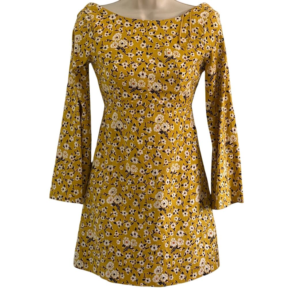 Flare Sleeve Short Dress Size XS Zara Golden Mustard Yellow Off Shoulder Floral